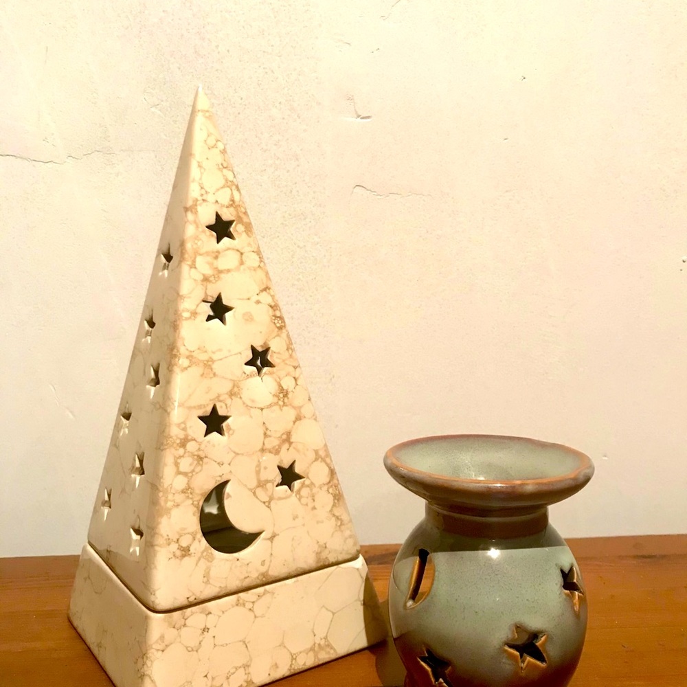 2 Ceramic votive candle holders & oil/incense